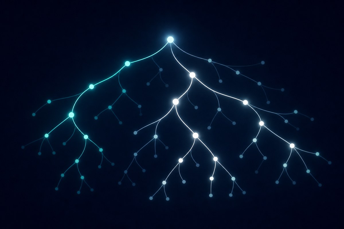 An abstract view of structured, tree-shaped reasoning — many paths, some more reliable than others