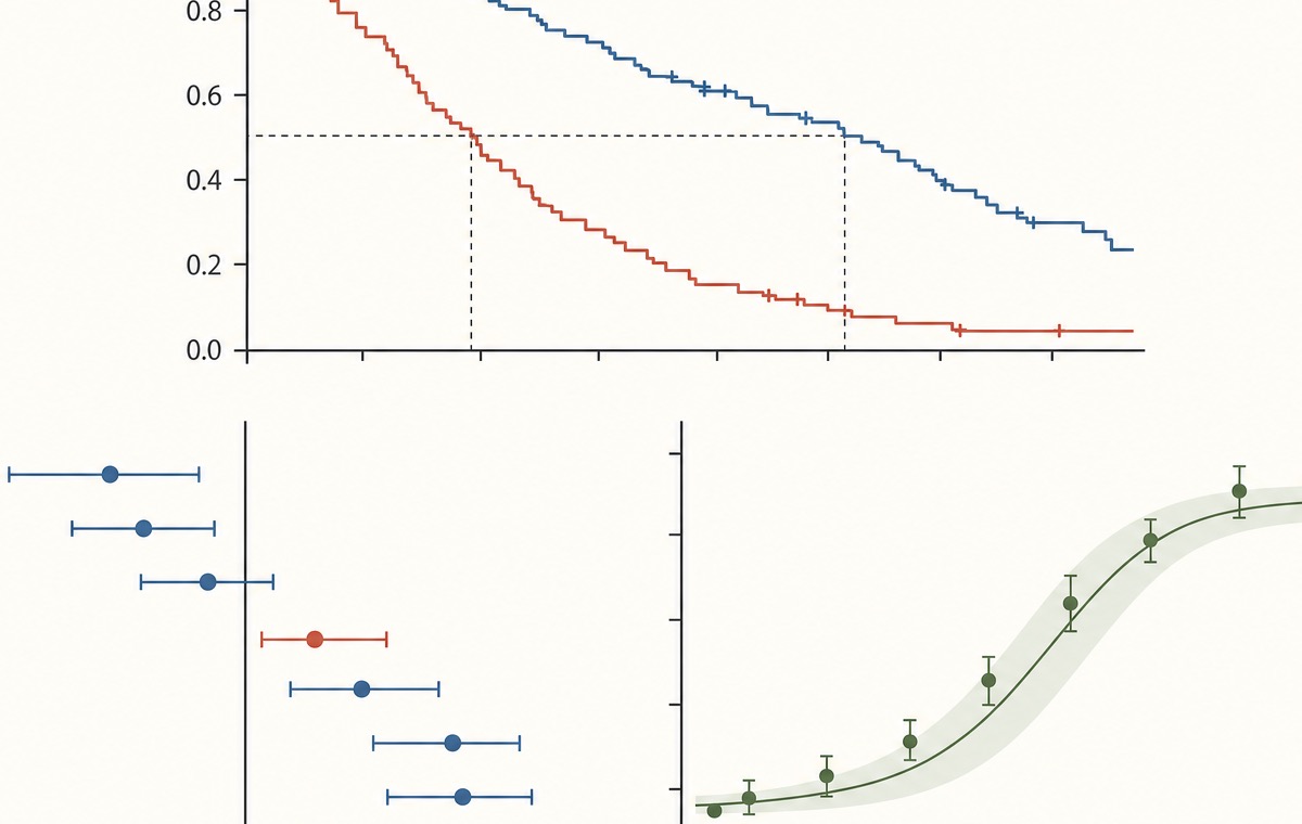 Scientific figures: survival curve, forest plot, dose-response