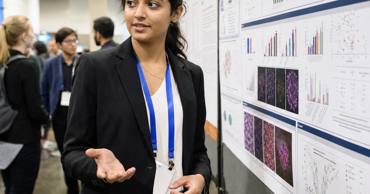 A researcher presenting a poster at an academic conference