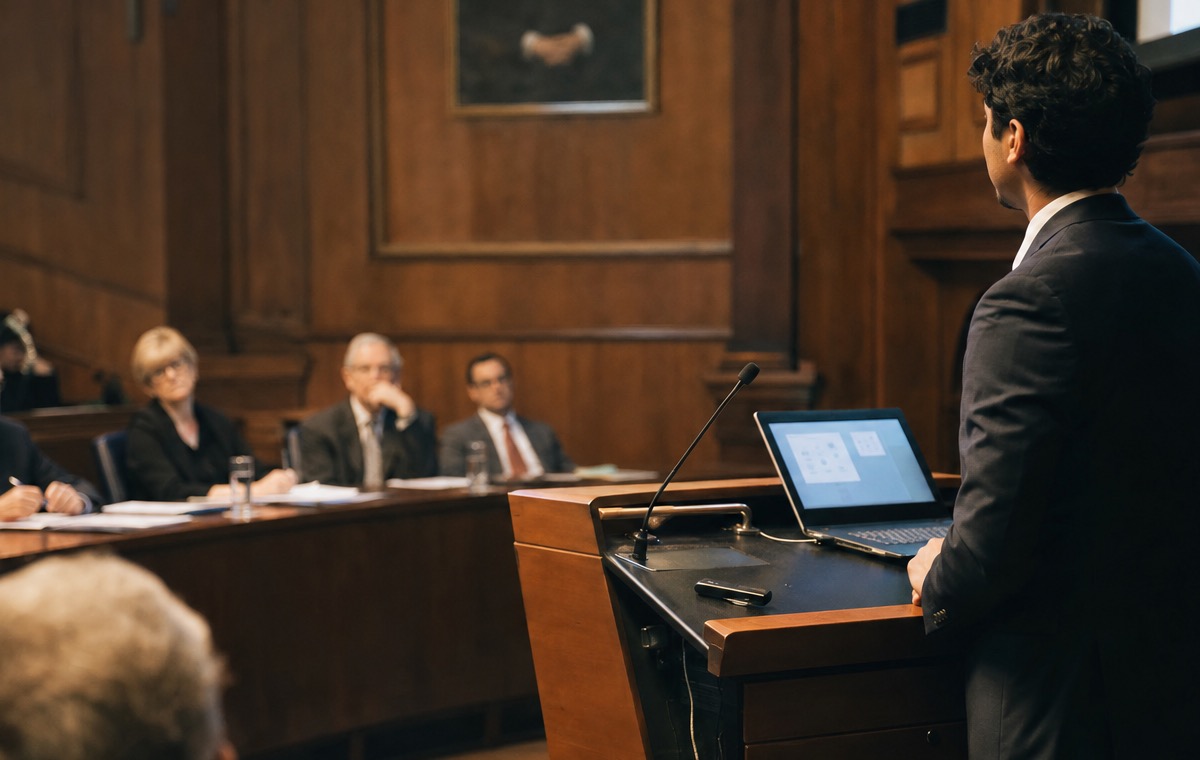 A thesis defense in a university lecture hall